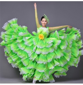  Gradient Fuchsia hot pink neon green women's ladies female big swing hem 540 degrees flower flamenco spanish folk dance bull dance opening dance chorus dance costumes dresses